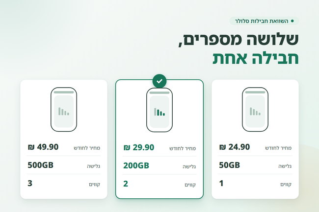 שלוש חבילות סלולר זו לצד זו עם מחיר לחודש, נפח גלישה ומספר קווים, ועל אחת מהן סימון בחירה - איך לבחור חבילת סלולר
